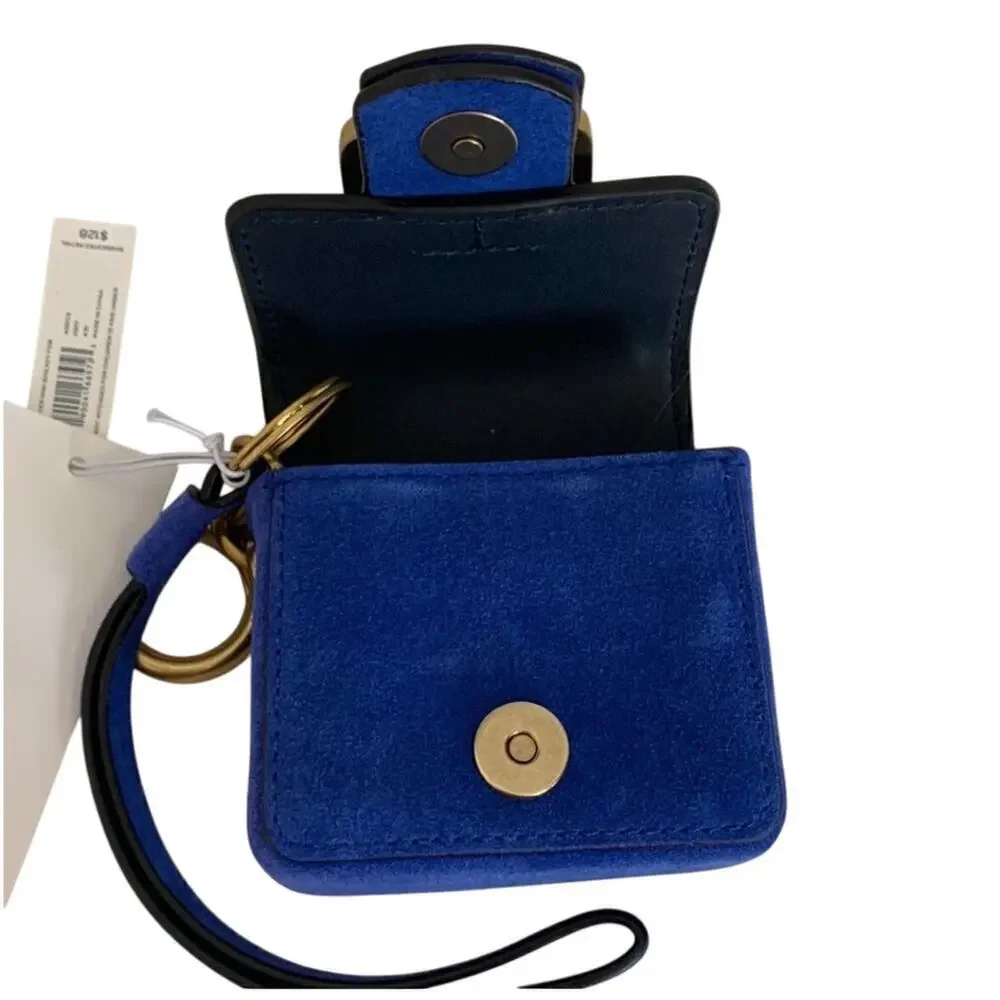 NEW TORY BURCH SAWYER MINI BAG KEY CHAIN WRISTLET BLUE DAHLIA CHARM‎ AIRBUD FOB